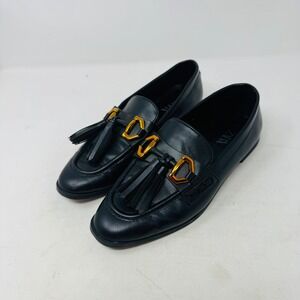 ZARA Women Black Leather Loafers Gold Buckle Tassel Moccs Shoes Size 37